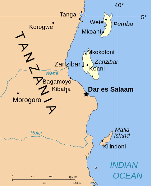 Tanzania coastal map to show the Zanzibar archipelago