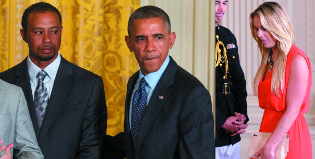 Lindsey Vonn (R) escorts Tiger Woods to White to meet US President Barrack Obama