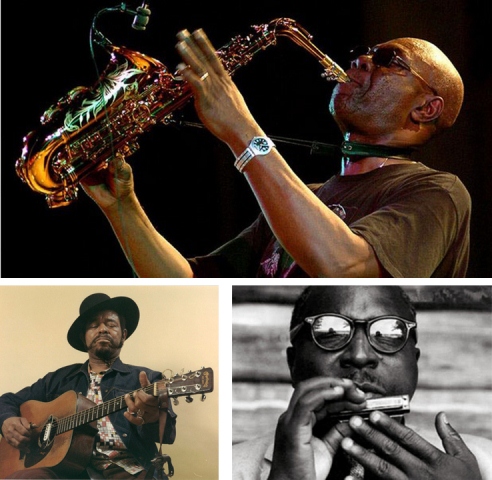 Top: Cameroonian Jazz Saxophonist Manu Dibango. Bottom, From Left: Renowned American Jazz Guitorist Brown McGee and American Harmonica player Sonny Terry.
